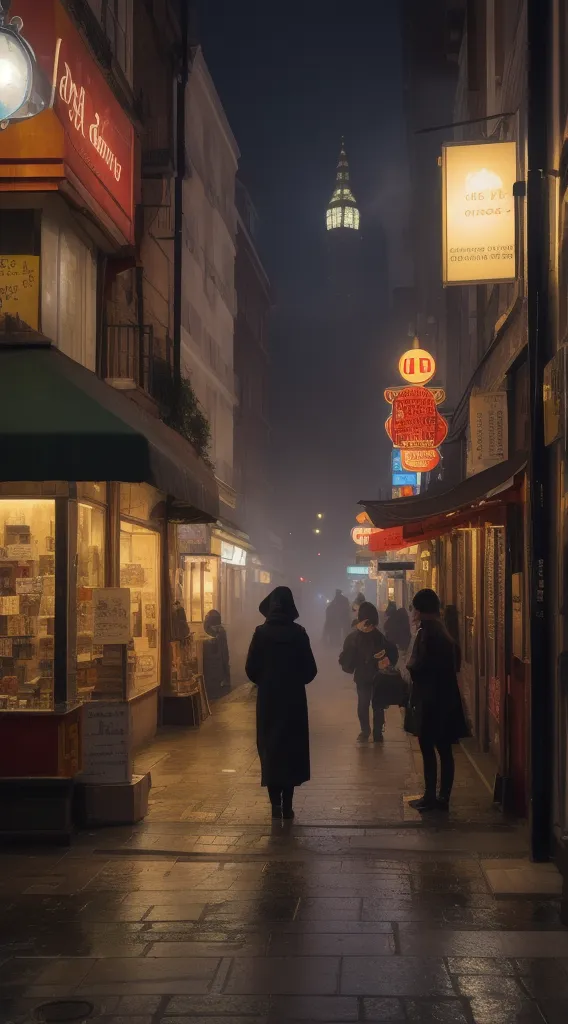 London in the City of Fog、in the street at night with gas lights、Street corner store、witch reading a book using a cane