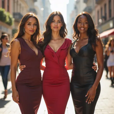 Three confident women stand side by side in a vibrant city setting, dressed in elegant, form-fitting outfits that highlight thei...