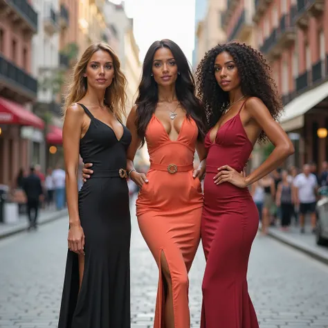 Three confident women stand side by side in a vibrant city setting, dressed in elegant, form-fitting outfits that highlight thei...