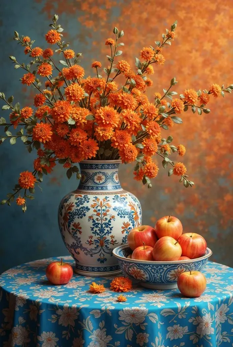 A vase with orange flowers and orange leaves, a bowl of apples on a table with a blue floral tablecloth, orange and blue backgro...