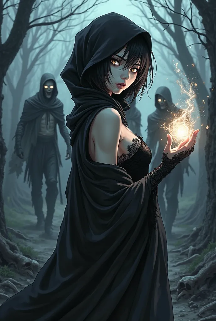 A highly detailed anime-style scene featuring a mysterious and sexy female figure with paper-white skin, standing slightly turne...