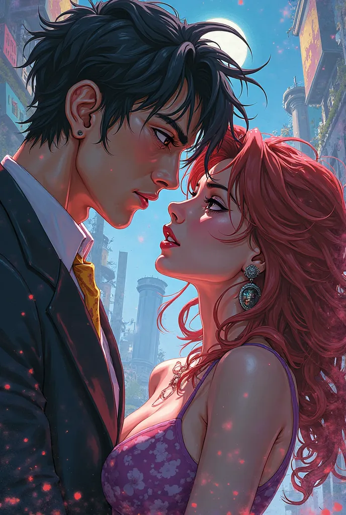 anime style Creates an image of a man and a woman looking at each other (JoJo's bizzare Aventure)