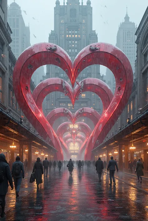 Real bus Large center station with love structures as ornaments in rainy day raining 