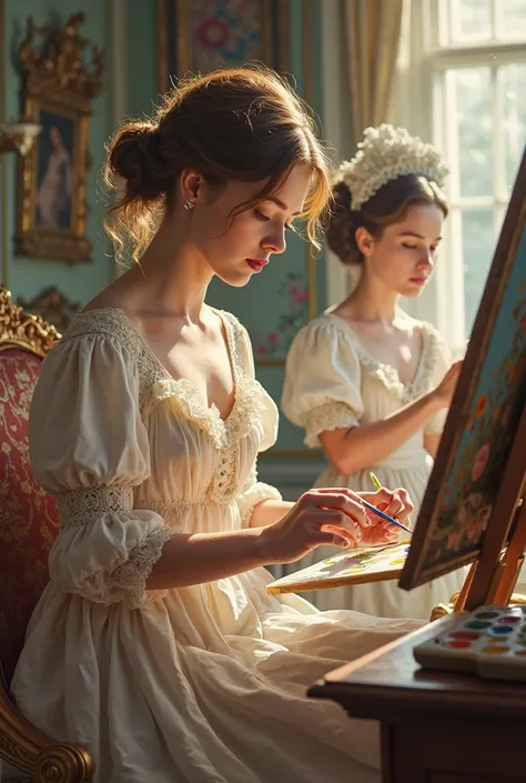 a girl in the Victorian era doing embroidery while her sister paints a picture and they are being traveled by maids