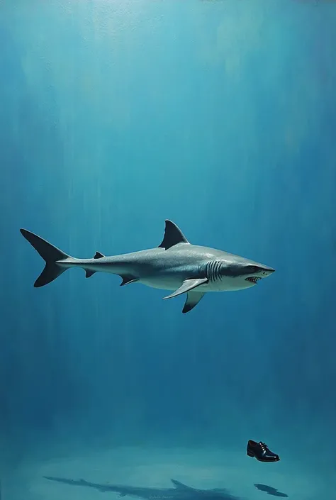 Surrealist painting style, a great white shark wearing polished black dress shoes, floating mid-air in a dreamlike blue void, hy...