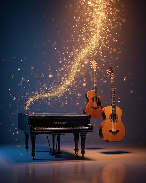 Elegant artistic composition with black grand piano bright on the left, classical acoustic guitar on the right, modern professio...