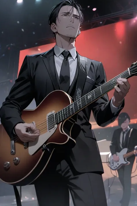 one mature man  playing guitar on stage in  London . black suit white shirt black tie. stubbles  The image must be in 8k. rainy ...