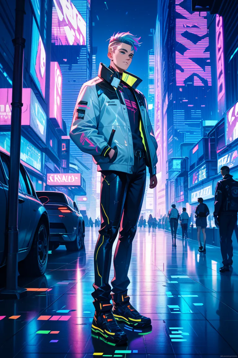 masterpiece, top quality, slim silhouette,  Height, stylish, cyberpunk style, neon lights, futuristic city, high tech, anime sty...