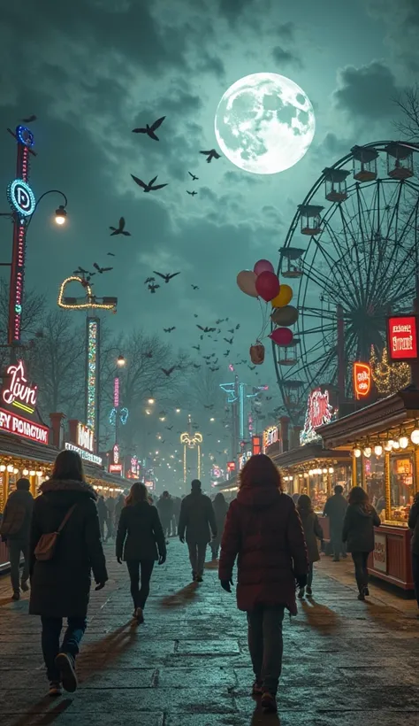 An amusement park. Several people walking, A clown holding colorful balloons, sinister popcorn carts, high above a roller coaste...