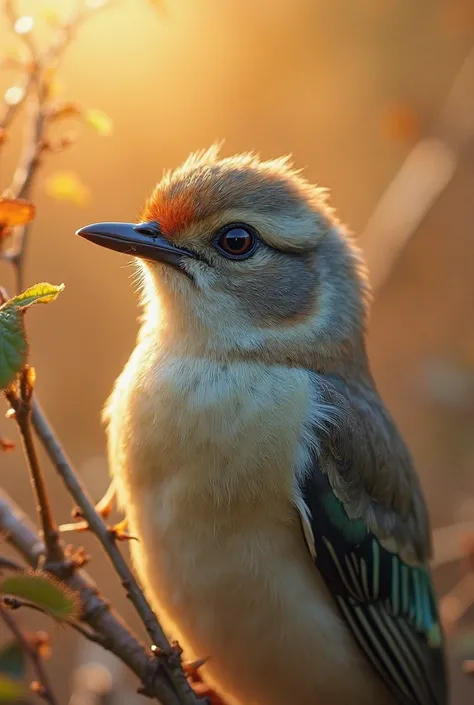 A mesmerizing close-up portrait of a gorgeous little bird illuminated by the soft, golden light of a tranquil morning, with vibr...