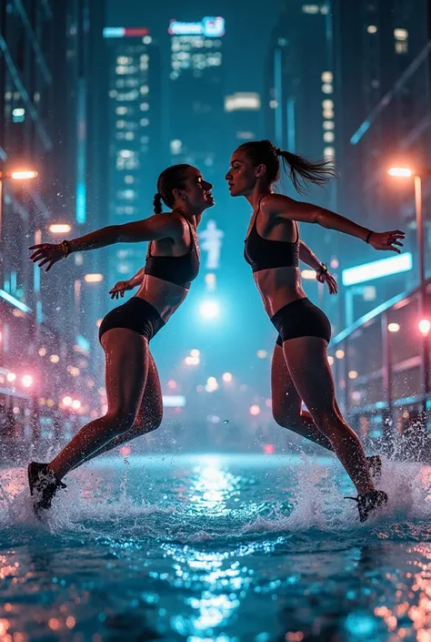A professional athlete named Margarita and a swimmer named Delfina competing in a spectacular acrobatic duel, urban nightlife, n...
