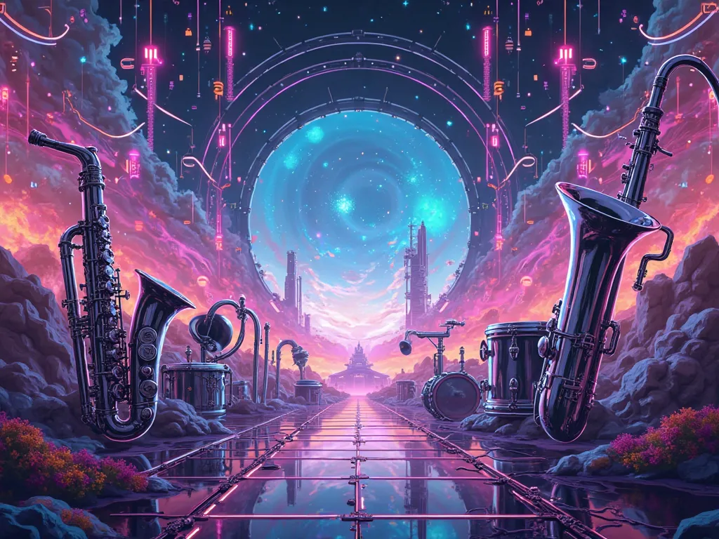 style an art for the futuristic background of a musical game with musical instruments with trumpet, saxofone, Trombone and drums...