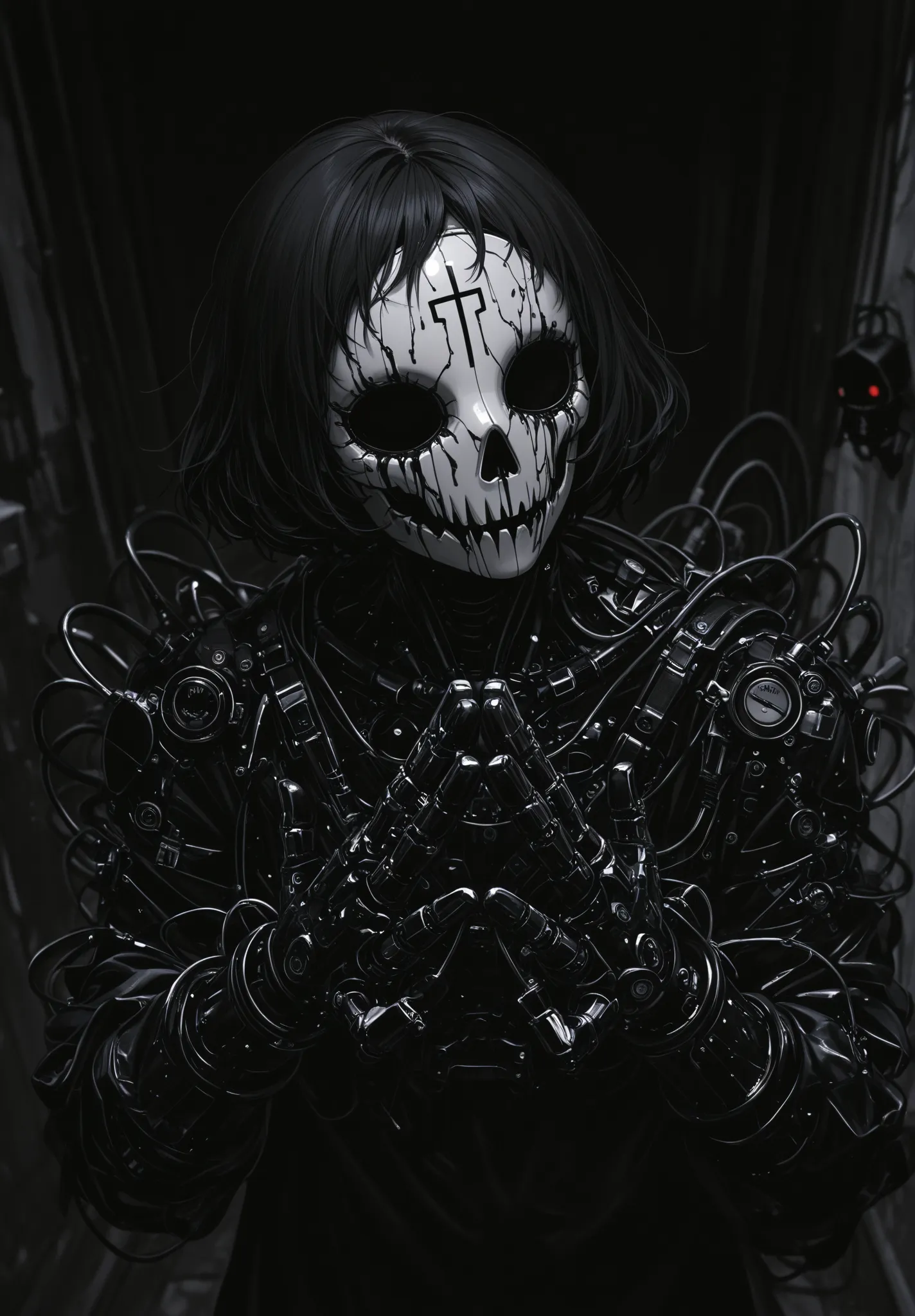 （very high quality raw photo：1.9），（Score 9，score 8 or more：1.9），（ intricate details ：1.3）， upper， Robot ，mask，PILED HANDS，look a...