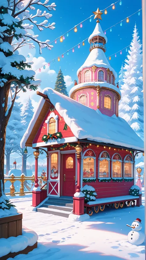 daytime winter amusement park scene, Christmas theme, carousel with snowman and Santa on it, snowy ground with falling snowflake...
