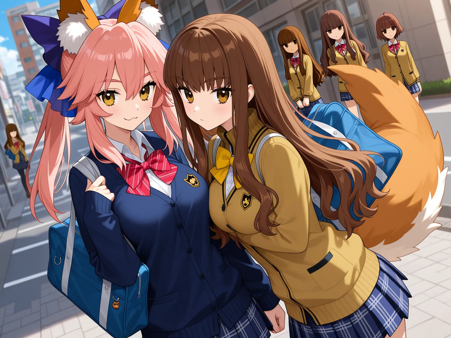 tamamo_no_mae_(fate),kishinami_hakuno_(female) ,on_street,school
