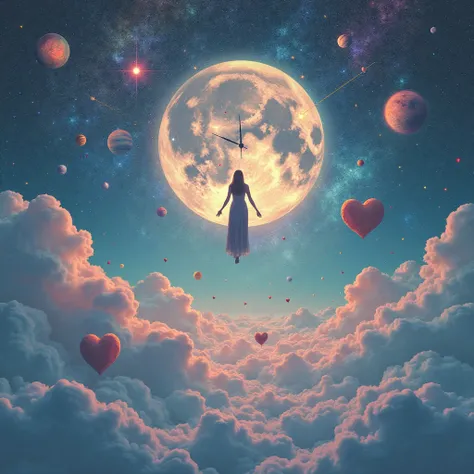 Create a surreal, dreamlike album cover for a conceptual pop album titled "Miłość ponad czas" ("Love Beyond Time"). The artwork ...