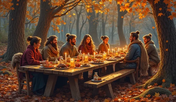 “Woodland Thanksgiving feast at long rustic table in forest clearing, surrounded by colorful fall foliage, candles in jars, and ...