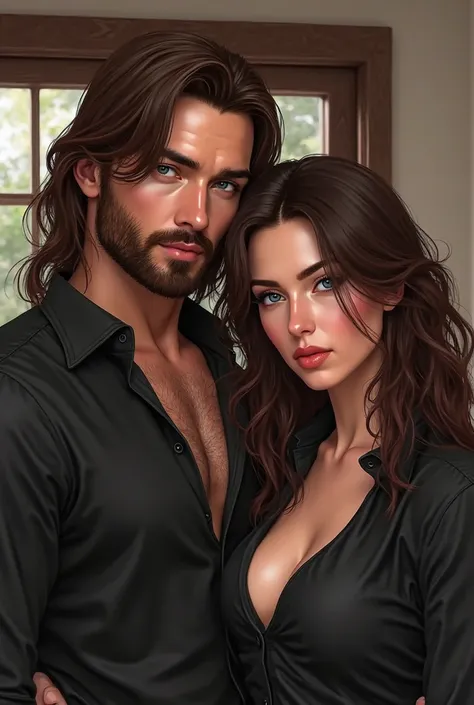  a close up of a couple. man with long hair and beard, color medium dark reddish brown,  light blue eyes avatar second life, Ara...