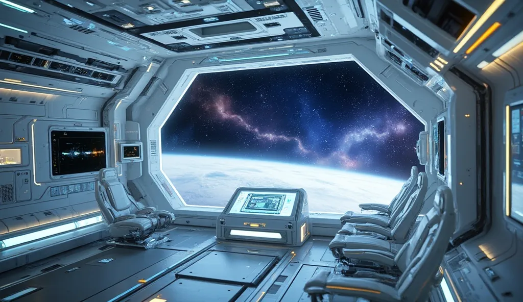 A hyper-advanced spacecraft cockpit interior with ultra-modern technology. The scene includes holographic control panels floatin...