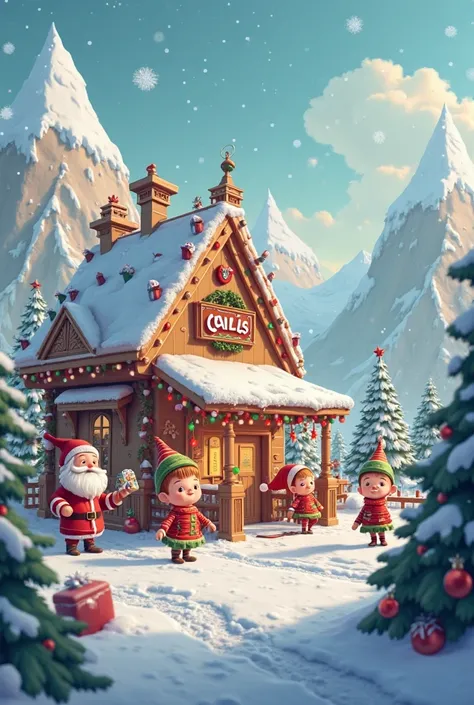Give me a picture of the North Pole-style Carlos JR establishment with the elves and Santa