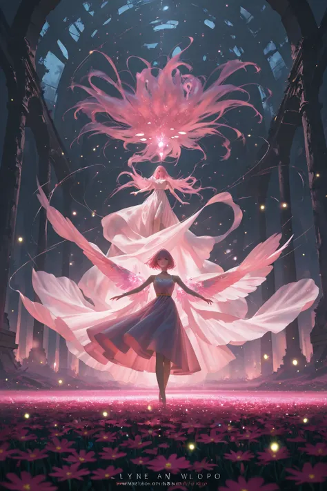 A lone anime girl with flowing pink hair sits in a field of bioluminescent flowers, surrounded by floating islands and ancient r...