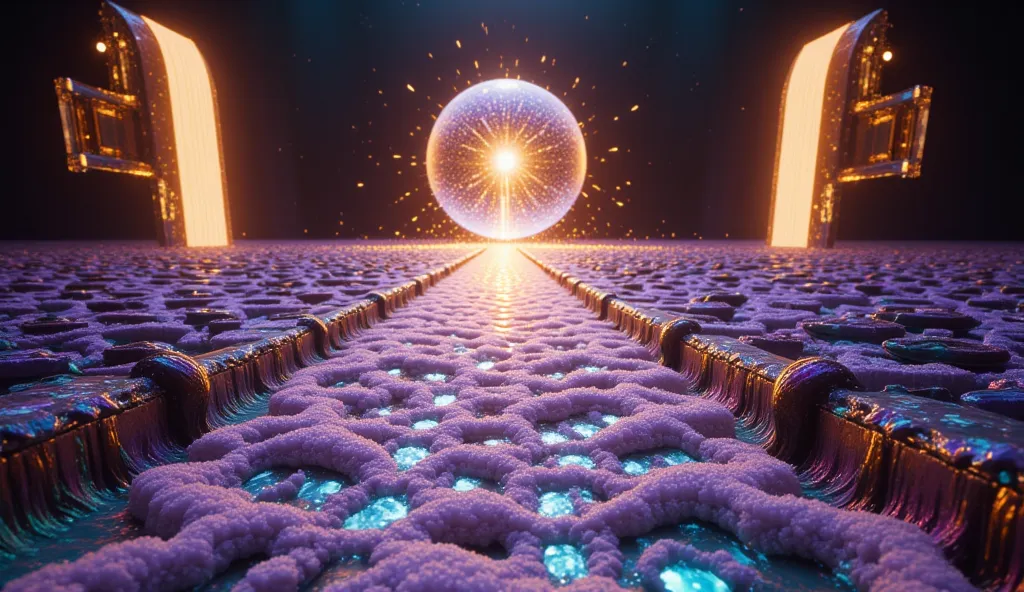 Focal Subject: A glowing, translucent particle orb, emitting golden light trails, hovers as the centerpiece. Overall Setting: Th...