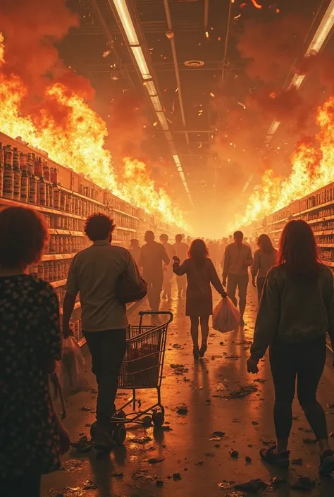 Picture of inside a supermarket on fire where people are stealing 