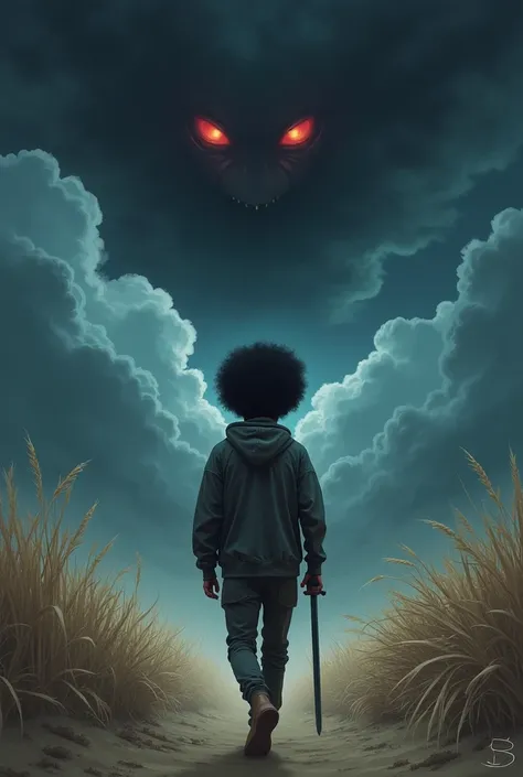 create a image based off this : nightmare, sandstorm, night terror, fever dream, scared, black teen walking towards a nightmare,...