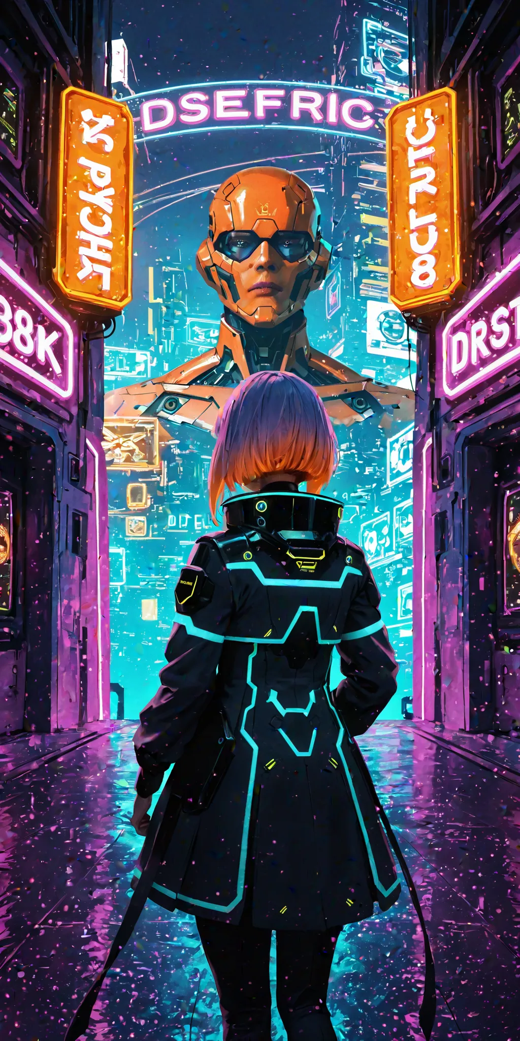Cyber Priest, Highly Detailed, Digital Painting, cyberpunk, Neon lights, Destropic Future, Futuristic Cities, Bright Orange and ...