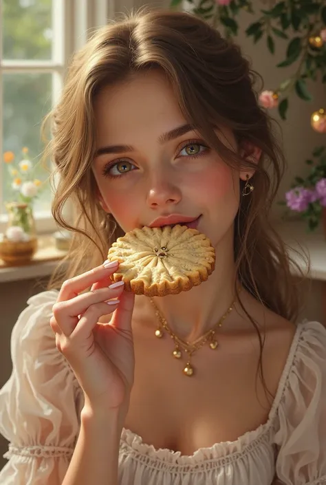 I want you to make me a beautiful girl enjoying a shortbread cookie