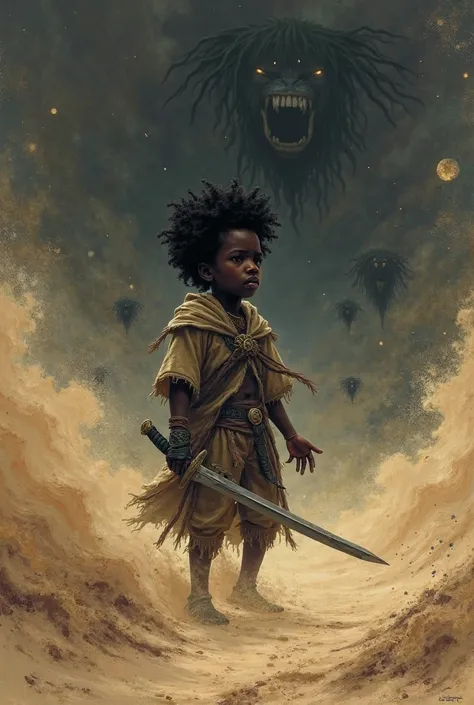 create a image based off this : nightmare, sandstorm, night terror, fever dream, scared, black kid walking in a nightmare, kid h...