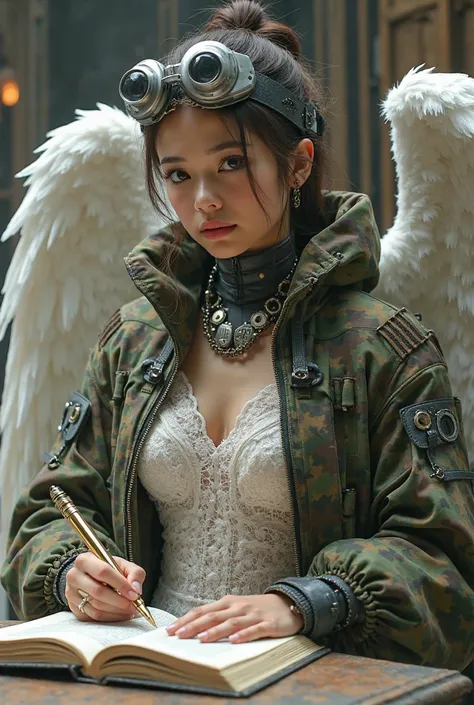 military female lace dress with a camo EXO suit leather jacket, standing and writing in a book with a gold pin, with angel mecha...
