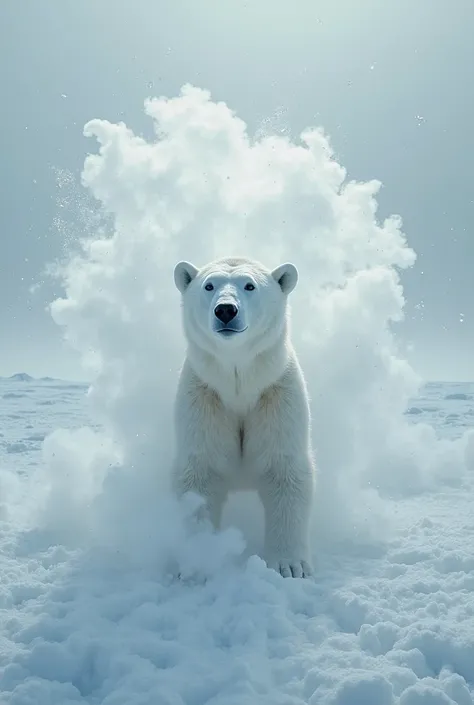 Create an image of a cold fan blowing cold vapor into the North Pole with a white bear coming out puzzled. Virtual Reality 8k