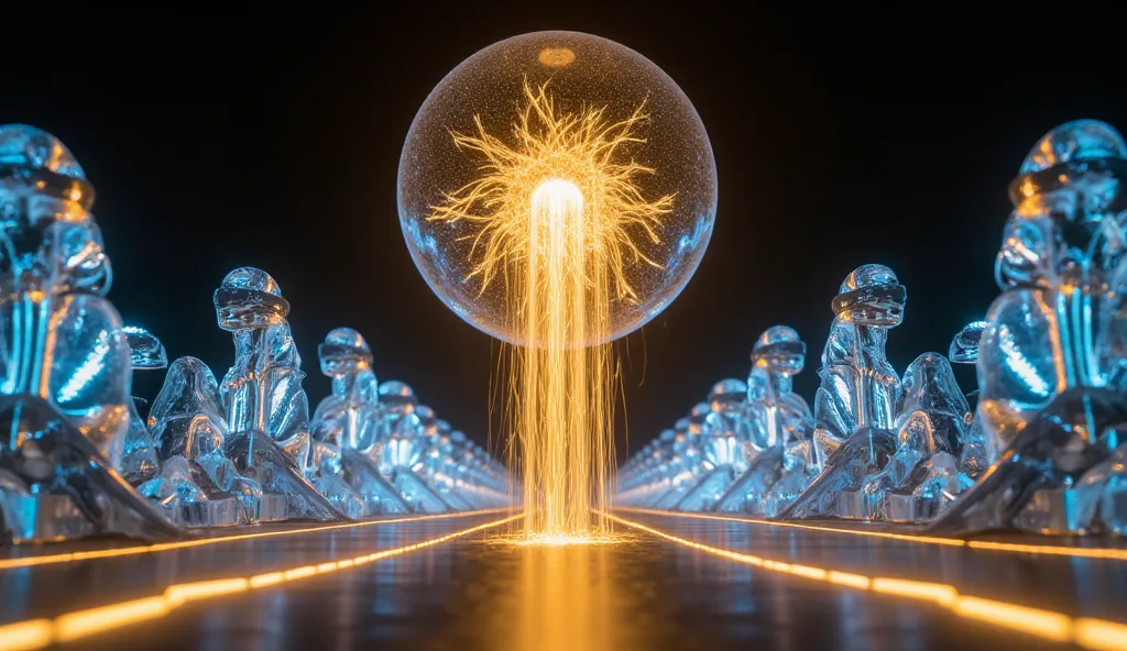 A translucent energy sphere radiating golden trails hovers above an infinite iridescent light bridge framed by two shimmering ba...