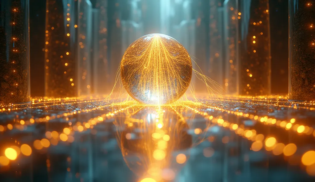 A translucent energy sphere radiating golden trails hovers above an infinite iridescent light bridge framed by two shimmering ba...