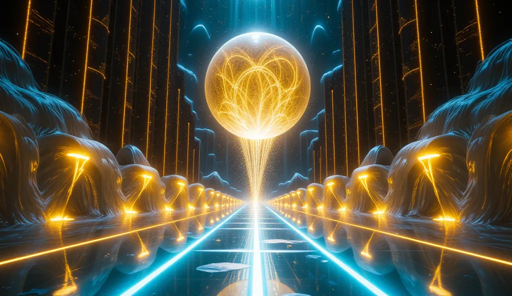 A translucent energy sphere radiating golden trails hovers above an infinite iridescent light bridge framed by two shimmering ba...