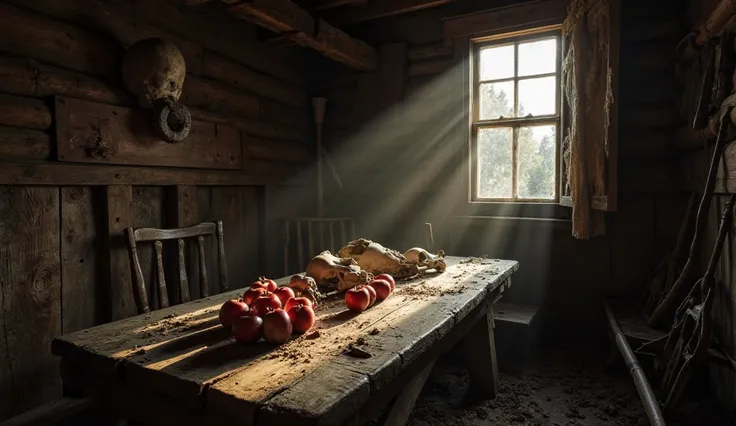 Inside a dimly lit frontier cabin in 1809 Oregon, a wooden table with apples resting beside human skulls and farming tools stain...