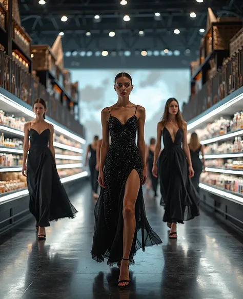 Models walking through a luxury supermarket runway set, showcasing haute couture pieces, elegant grocery-inspired movements, sur...
