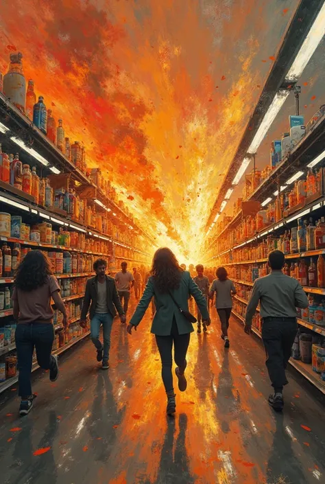 A picture of a supermarket on fire where people are running away in an abstract form 