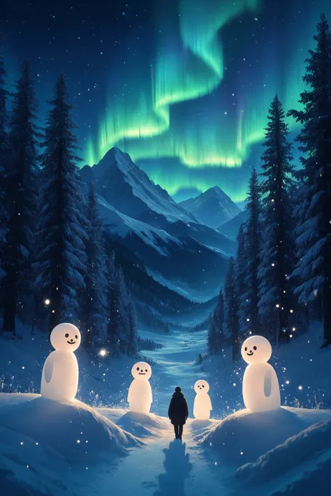 frosty mountain valley at night, aurora borealis shimmers over the sharp mountain peaks, pristine white snow sparkles in the moo...