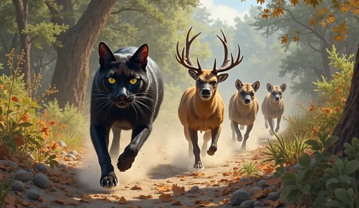 Black cat and deer running fast chased by 3 hyenas in the wilderness, very realistic image