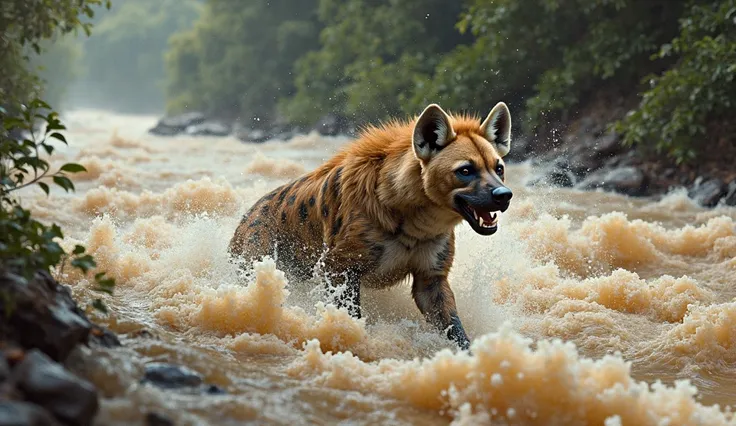 One hyena was carried away by a flash flood in the river, the water was very big, the picture was very realistic