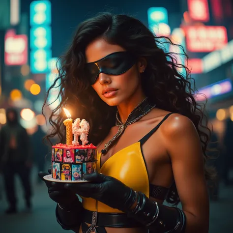 Ultra-realistic heroine,  blindfolded with black belt , serene expression, Modern jumpsuit costume glued to the body with thick ...