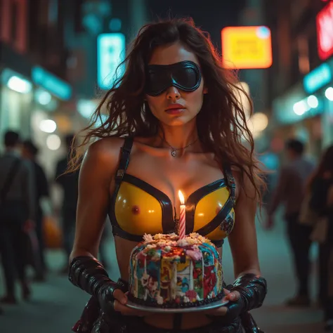 Ultra-realistic heroine,  blindfolded with black belt , serene expression, Modern jumpsuit costume glued to the body with thick ...