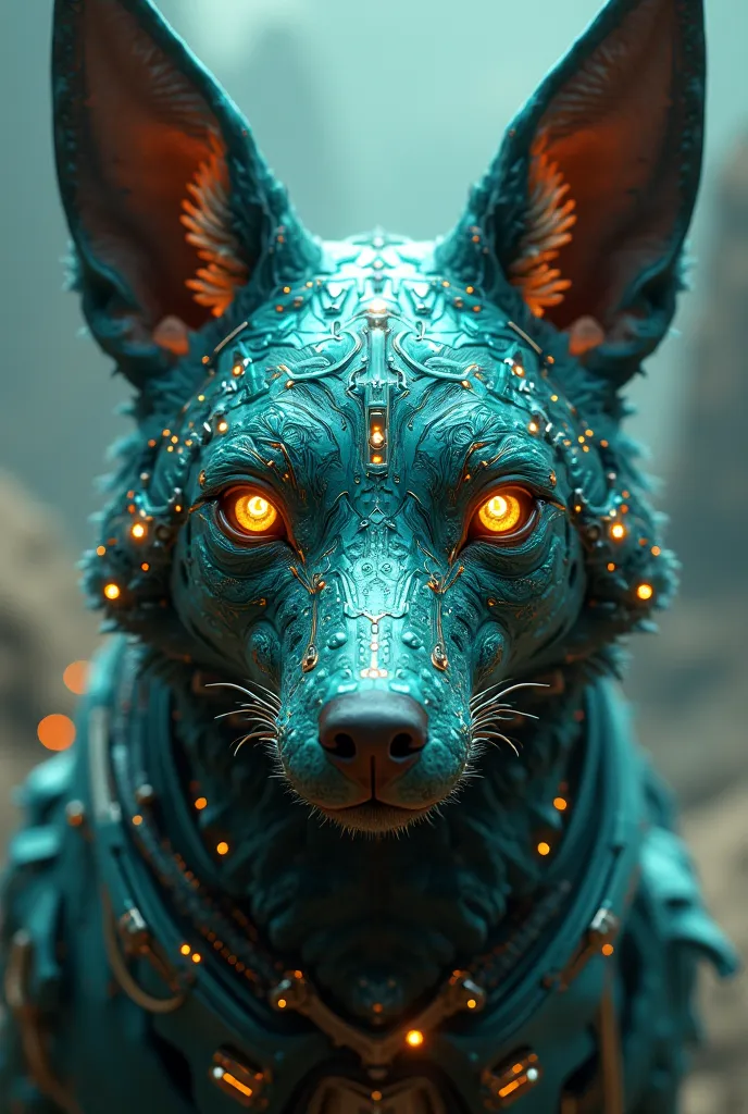 CYBERNETIC FACE OF ANUBIS IN TURQUOISE COLORS AND SHADES OF GOLD 