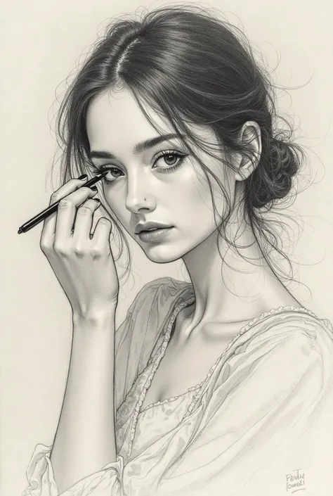 A sketch/drawing of a Girl putting on eyeliner
