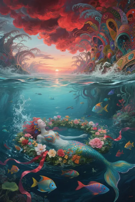 Beautiful maximalist and detailed picture of silkpunk Japanese storm underwater Hundertwasser style (choppy red clouds under the...