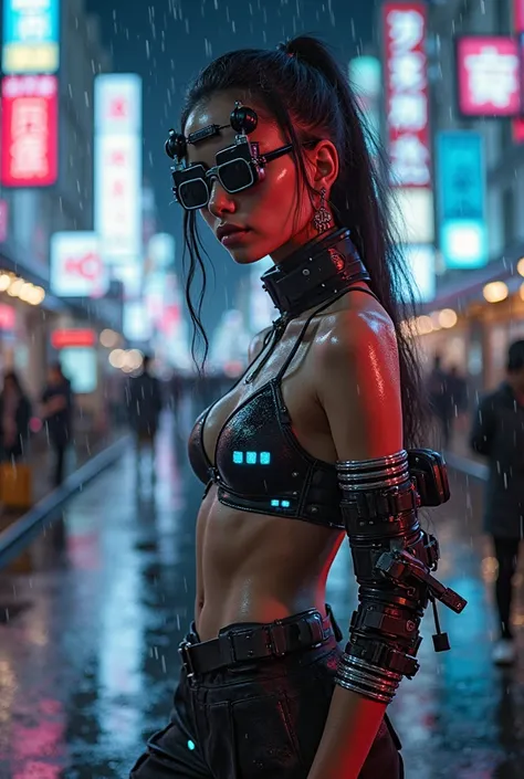 Cybernetic Acot fashion, gender-fluid model with LED-embedded clothing, holographic accessories, rain-soaked neo-Tokyo streets, ...