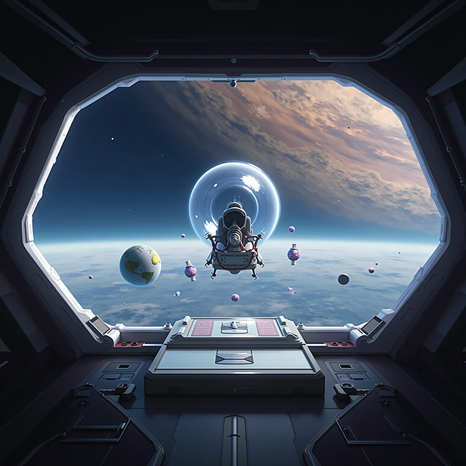 spacious spacecraft cabin with large panoramic windows that show a huge planet. various objects and a glass helmet float inside ...