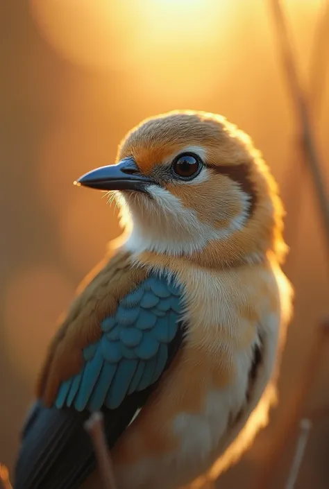 A mesmerizing close-up portrait of a gorgeous little bird illuminated by the soft, golden light of a tranquil morning, with vibr...
